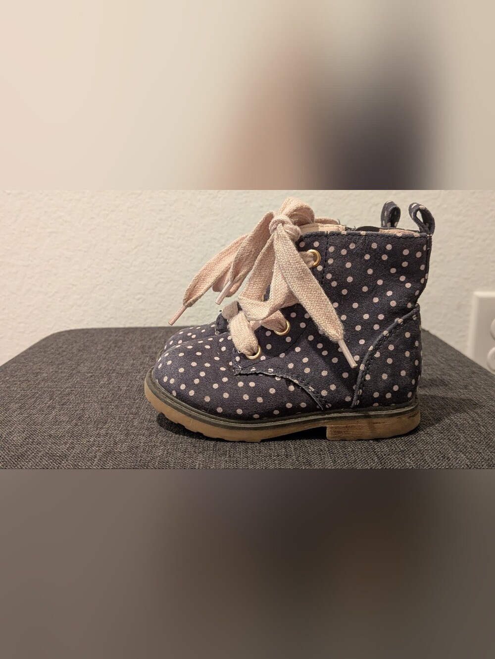 Cat & Jack Navy Polka Dot Lace-Up Kids Boots with Pink Laces